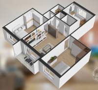 Az alaprajz egy 3 szobás lakást ábrázol, fa dekorációjú padlóval és erkéllyel.