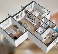 3 szobás lakás fa dekor padlóval és tágas belső térrel.