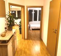 2 szobás lakás folyosója fa dekor padlóval, szobanövényekkel és bútorokkal.