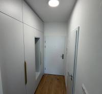 Keskeny folyosó egy garzonlakásban fehér szekrényekkel és fa dekoros padlóval.