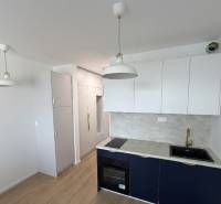 Egy garzonlakás konyhája világos szekrényekkel, szürke munkalappal és fa mintázatú padlóval.