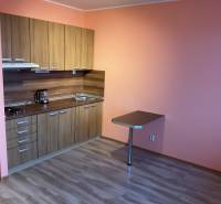 Konyhasarok egy garzonlakásban fa mintázatú padlóval és narancssárga falakkal.