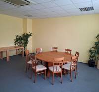 Irodák kerek asztallal, hat székkel, kék szőnyeggel és növényekkel.