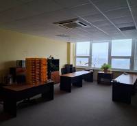 Iroda három íróasztallal, növényekkel és kilátással nagy ablakokon keresztül.