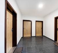 Folyosó három bejárati ajtóval és sötét padlóval, dekoratív elemekkel.