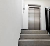 Lépcsőház a lifthez egy háromszobás lakásban, világos tér.