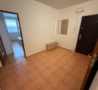 A háromszobás lakás előszobája kerámia padlóval, fogassal és kilátással a szobára.