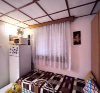 Kunyhó egyszerű belső térrel, kanapéval, hűtőszekrénnyel, mikrohullámú sütővel és virágdíszítéssel.