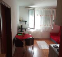 Egy szobás lakás nappali része fa mintázatú padlóval, asztallal és székekkel.