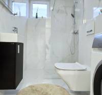 Fürdőszoba családi házban mosógéppel és zuhanyzóval, elegáns csempékkel.