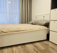 Hálószoba családi házban ággyal és szekrénnyel, fa dekoros padlóval.