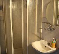 Fürdőszoba családi házban sarok zuhanyzóval és mosdóval.