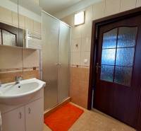 Fürdőszoba zuhanyzóval és mosdóval egy háromszobás lakásban, csempék és tükör.