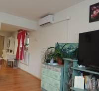 Nappali szoba fa dekoros padlóval, televízióval, légkondicionálóval és dekorációs elemekkel.