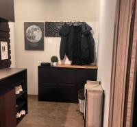 Előszoba egy 2 szobás lakásban praktikus bútorokkal és a falon lévő hold dekorációval.