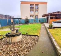 Kert a 4 szobás lakásnál Koltán, zölddel, fészerrel és fedett kerti ülőhellyel.