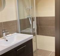 Fürdőszoba mosdóval, zuhanyzóval és barna falburkolatokkal egy háromszobás lakásban.