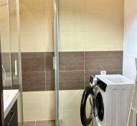 Fürdőszoba zuhanyzóval és mosógéppel egy háromszobás lakásban.