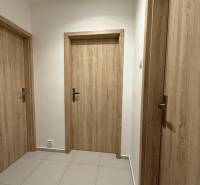Folyosó három ajtóval, csempével és fa dekorációjú ajtókkal, egyszobás lakás.
