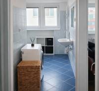 Mosógép kosárral és mosdóval egy kétszobás lakásban kék csempével.