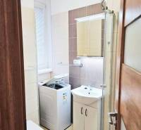 Fürdőszoba a garzonlakásban mosógéppel, zuhanyzóval és mosdóval.