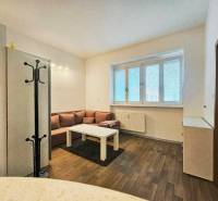 Garzonlakás kanapéval, asztallal és fa dekorációjú padlóval.