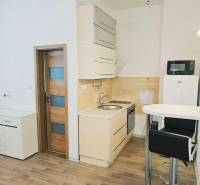 Garzonlakás konyhasarokkal, bárpulttal és fa dekorációjú padlóval.