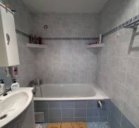 Fürdőszoba káddal, mosdóval és polcokkal egy kétszobás lakásban kék csempékkel.