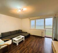 Nappali egy kétszobás lakásban, fa dekor padlóval és kanapéval.