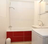 Fürdőszoba káddal, mosdóval és mosógéppel egy egyszobás lakásban.