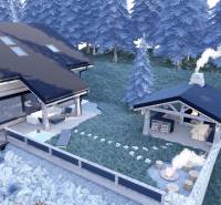 Rekreációs ház látványterve pavilonnal és tűzrakóhellyel a Pozemky - bývanie, Mýto pod Ďumbierom területen.