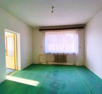 Szoba családi házban radiátorral, zöld padlóval, kilátással a tetőkre.