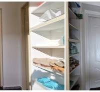 Családi ház belső tere cipőkkel a polcokon és fehér ajtókkal.