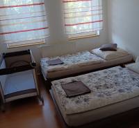 Gyerekágy és két ágy a hálószobában, fa dekorációjú padlóval.