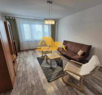 Nappali egy háromszobás lakásban kanapéval, fotellel és fa dekorációjú padlóval.