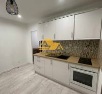 Konyha egy egyszobás lakásban világos konyhabútorral és fa dekorációjú padlóval.