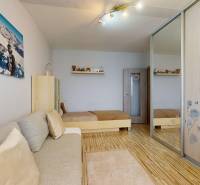 Szoba kanapéval, egy ággyal, tükrös szekrénnyel és fa mintázatú padlóval.