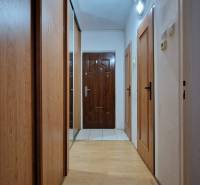 Folyosó egy kétszobás lakásban, fa dekorációval ellátott padlóval és beépített szekrénnyel.