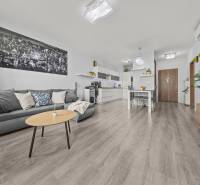 Nappali egy kétszobás lakásban, fa mintázatú padlóval, szürke kanapéval és növényekkel.