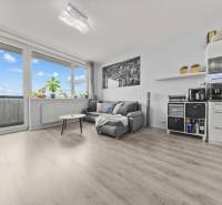 Nappali rész egy kétszobás lakásban kanapéval, asztallal és fa dekorációjú padlóval.