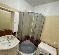 Fürdőszoba egy egyszobás lakásban káddal, mosógéppel és mosdóval.