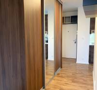 3 szobás lakás előszobája fa dekor padlóval és tükrös szekrénnyel.