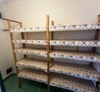 Tárolóhely egy háromszobás lakásban fa polcokkal és zöld padlóval.