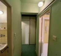 Folyosó ajtókkal és mosdóval egy háromszobás lakásban.