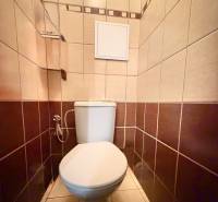 Fürdőszoba világos és sötétbarna csempékkel egy kétszobás lakásban.