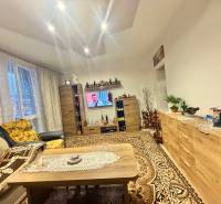 Nappali egy kétszobás lakásban, ízléses fotellel, televízióval és szőnyeggel, fa dekoros padlóval.