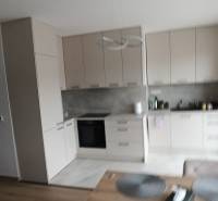 Konyha egy 2 szobás lakásban minimalista szekrényekkel és fa dekorációjú padlóval.