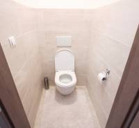 WC a kétszobás lakásban fehér kerámiával és bézs csempékkel a falakon.