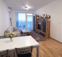 Nappali egy kétszobás lakásban fa dekor padlóval és erkéllyel.