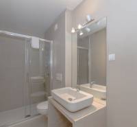 Fürdőszoba a nyaraló apartmanban mosdóval, zuhanyzóval és nagy tükörrel.